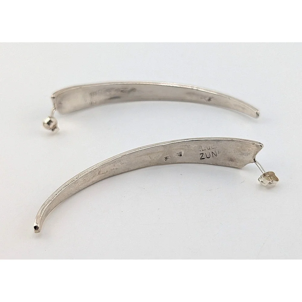 Zuni Turquoise coral Inlay Earrings 925 Sterling Silver Curved Signed P. Lucio *